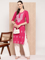 Thumbnail for Yufta Hot Pink Floral Embroidered Pure Cotton Kurta - Distacart