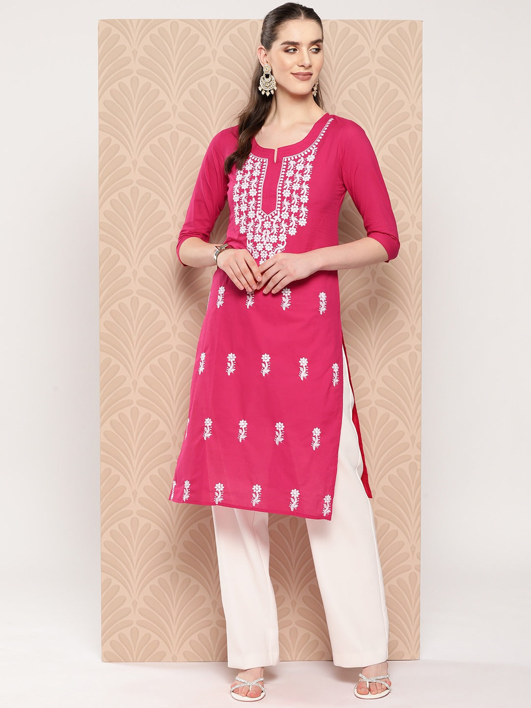 Yufta Hot Pink Floral Embroidered Pure Cotton Kurta - Distacart