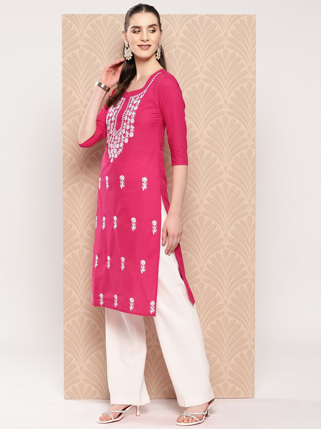 Yufta Hot Pink Floral Embroidered Pure Cotton Kurta - Distacart