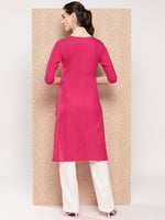 Thumbnail for Yufta Hot Pink Floral Embroidered Pure Cotton Kurta - Distacart