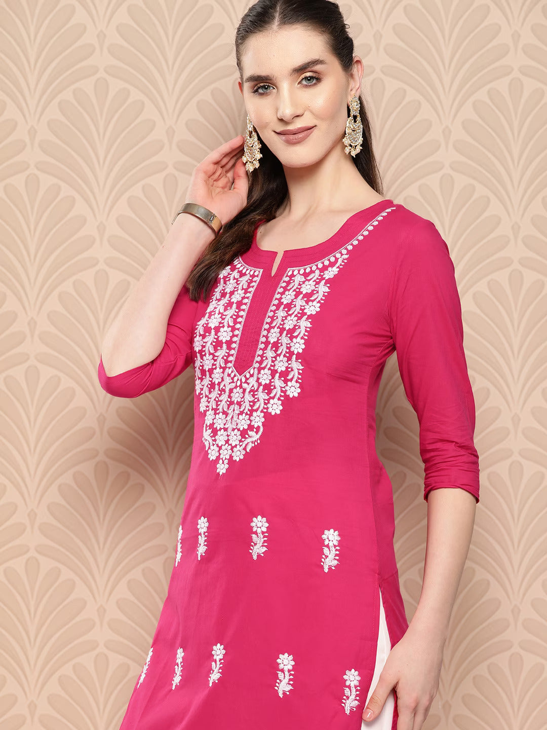 Yufta Hot Pink Floral Embroidered Pure Cotton Kurta - Distacart