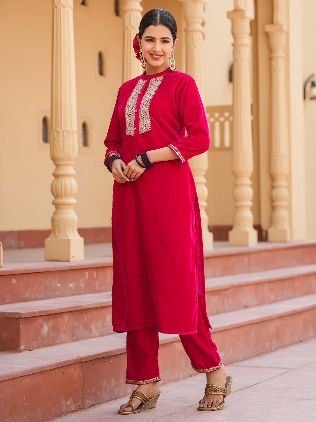 Yufta Hot pink Zari_Work Velvet Straight Kurta Trouser Set - Distacart