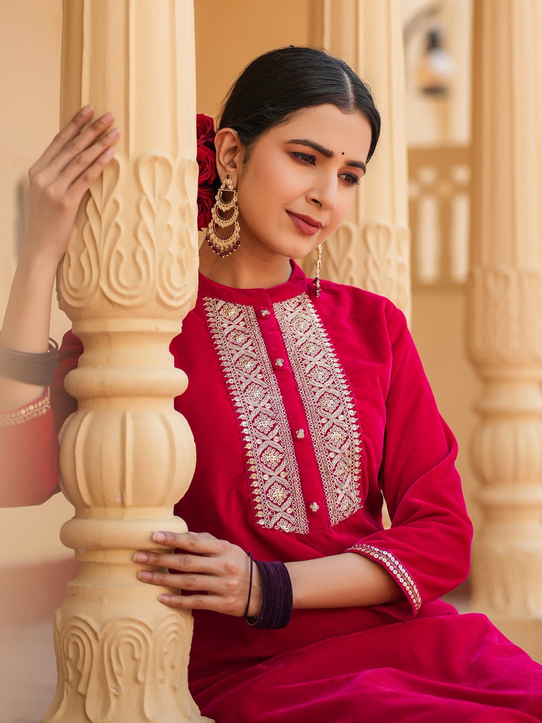 Yufta Hot pink Zari_Work Velvet Straight Kurta Trouser Set