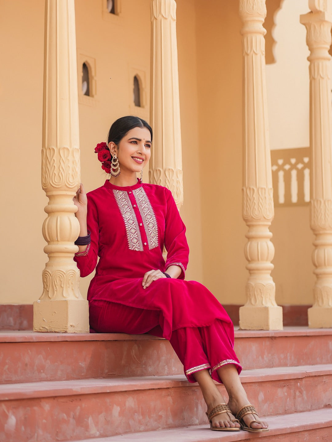 Yufta Hot pink Zari_Work Velvet Straight Kurta Trouser Set