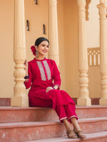 Thumbnail for Yufta Hot pink Zari_Work Velvet Straight Kurta Trouser Set