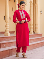 Thumbnail for Yufta Hot pink Zari_Work Velvet Straight Kurta Trouser Set