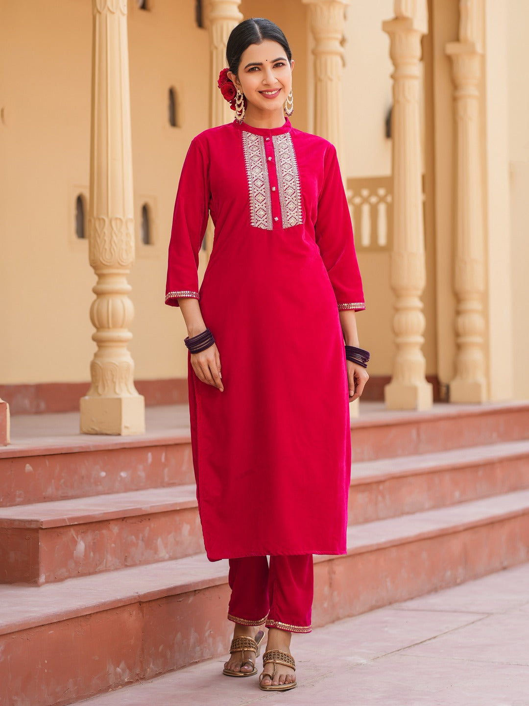 Yufta Hot pink Zari_Work Velvet Straight Kurta Trouser Set