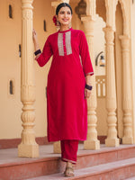 Thumbnail for Yufta Hot pink Zari_Work Velvet Straight Kurta Trouser Set