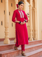 Thumbnail for Yufta Hot pink Zari_Work Velvet Straight Kurta Trouser Set