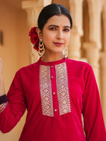 Thumbnail for Yufta Hot pink Zari_Work Velvet Straight Kurta Trouser Set