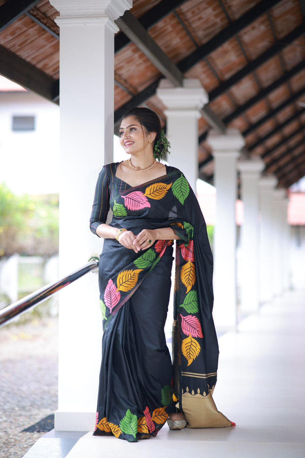 Black Pure Silk Woven Design Saree with Unstitched Blouse - Hiral Fashion - Distacart
