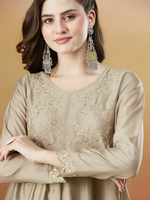 Thumbnail for The52 Chiku Women's Beautiful Vichitra Silk Fabric Embroidered Work Flared Anarkali Pant and Dupatta Set - Distacart