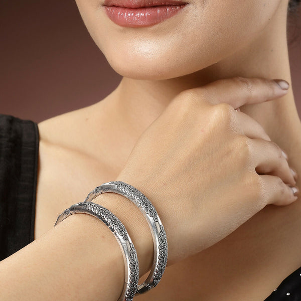 NVR Women's Set of 2 Silver-Toned German Silver Peacock Design Oxidised Kada Bangle - Distacart