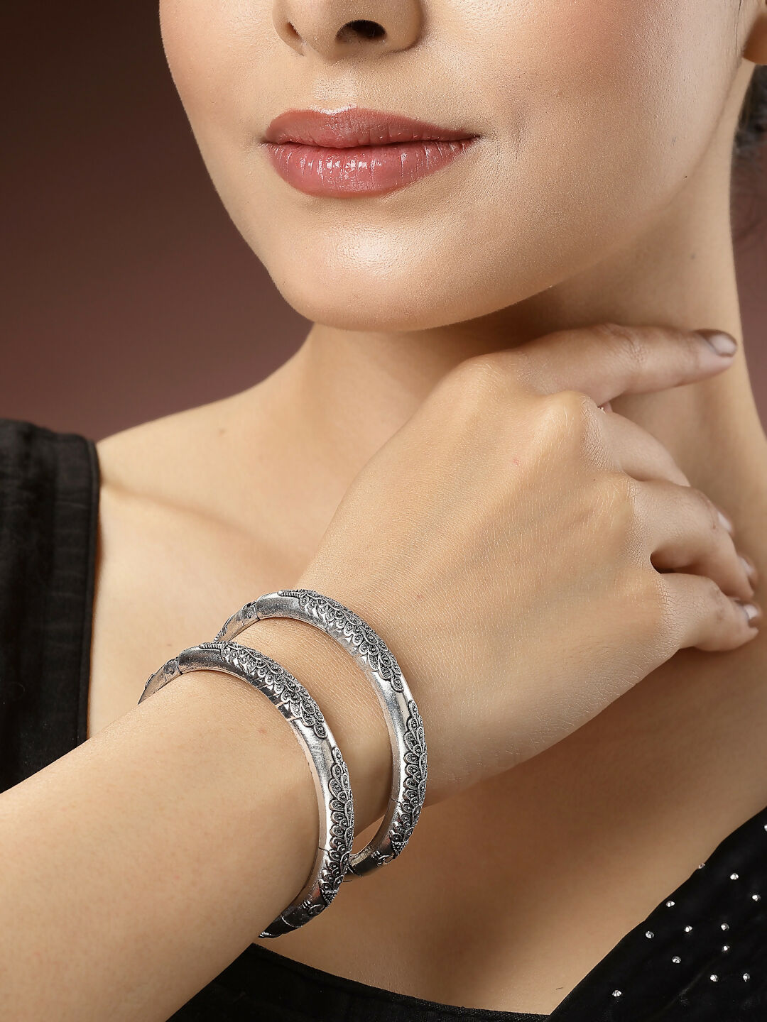 NVR Women's Set of 2 Silver-Toned German Silver Peacock Design Oxidised Kada Bangle - Distacart