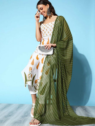 Ahalyaa Women's White Colour Pure Cotton Pigment Printed Kurta Pant Set With Dupatta - Distacart