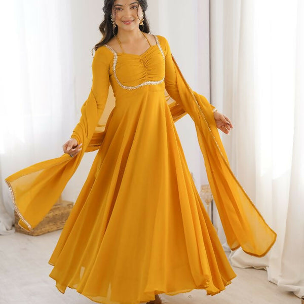 Teeya Creation Yellow Faux Georgette Designer Party Wear Long Gown - Distacart