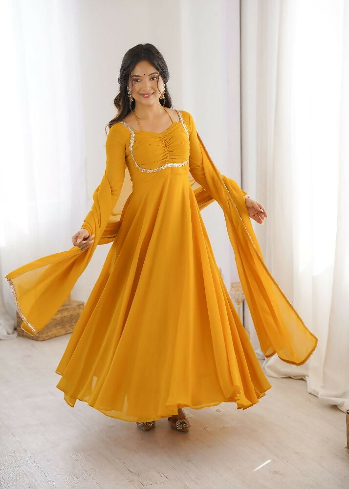Teeya Creation Yellow Faux Georgette Designer Party Wear Long Gown - Distacart