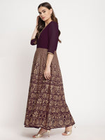 Thumbnail for Ahalyaa Women's Wine Georgette Gold Foil Print Flared Kurta With Dupatta