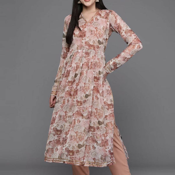 Ahalyaa Women Floral Printed Pleated Gotta Patti Kurta with Trousers - Brown Color - Distacart