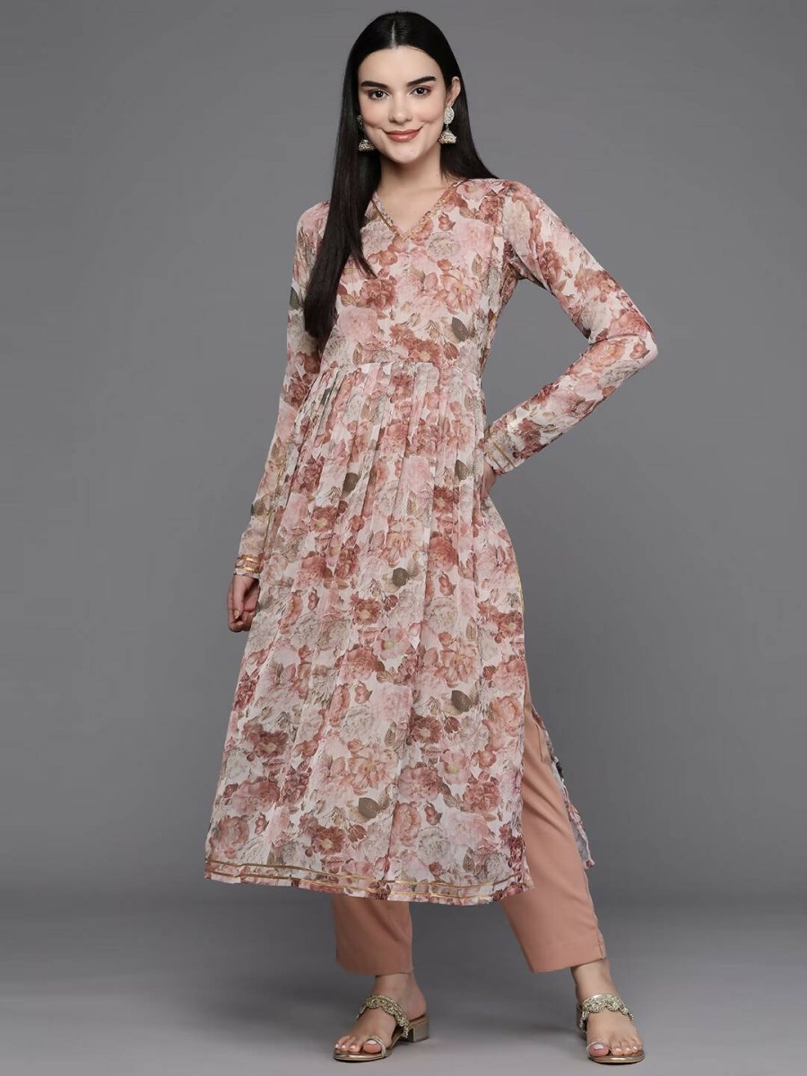 Ahalyaa Women Floral Printed Pleated Gotta Patti Kurta with Trousers - Brown Color - Distacart
