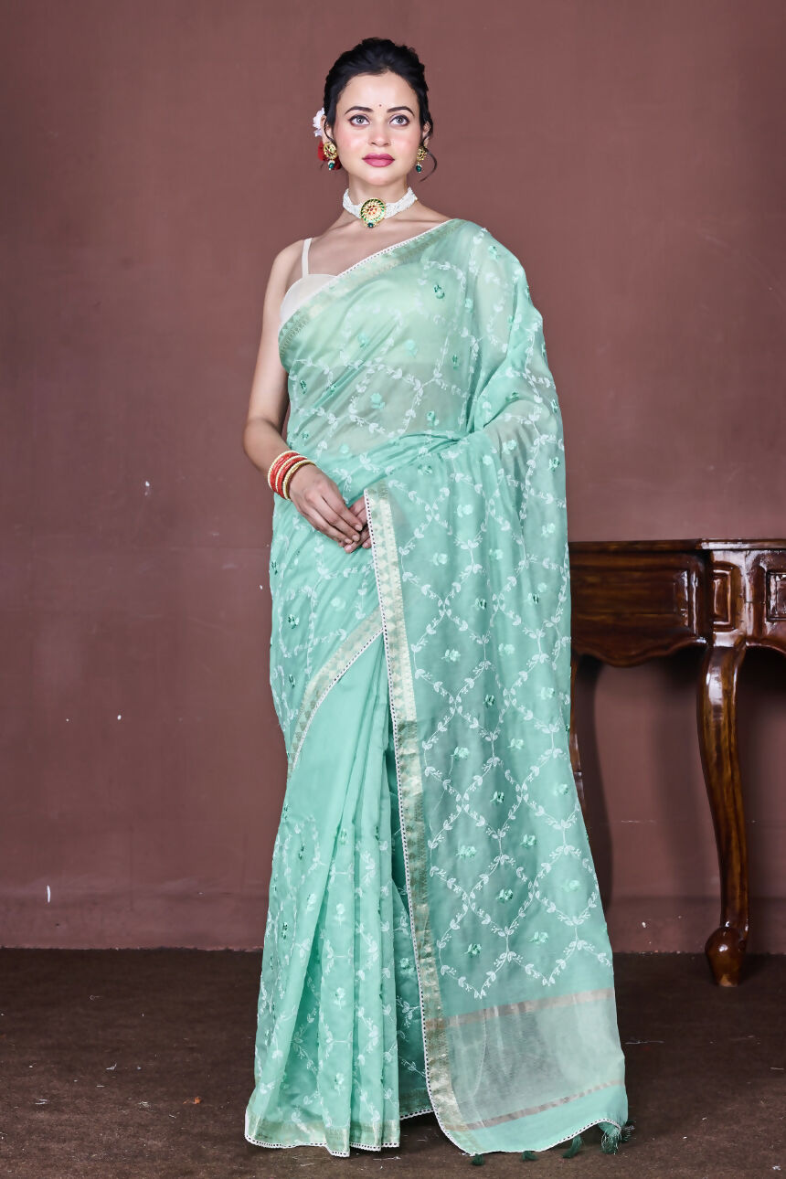 Morchari Green Cotton Chanderi Embroidery Saree Unstitched Blouse - Distacart