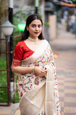 Thumbnail for White Jute Silk Ethnic Motifs Saree with Unstitched Blouse - A2M