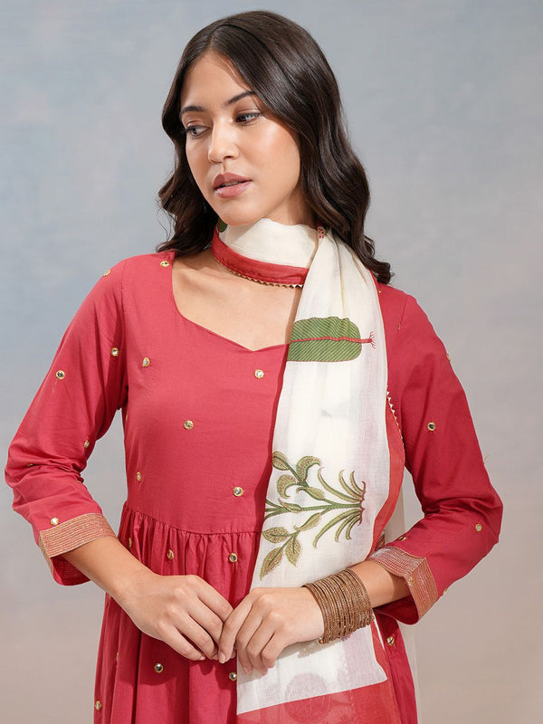 Vishudh Embroidered Thread Work Pure Cotton Kurta with Trousers & Dupatta