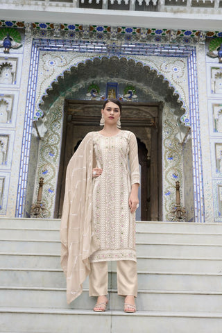 Jyoti Fashion Women's Beige Faux Georgette Heavy Embroidery and Moti Work Kurta Set - Distacart