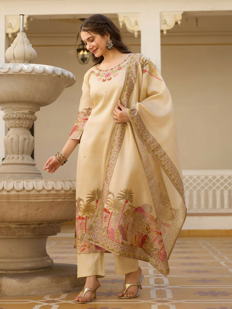 Preksha Creation Off-White Viscose Assam Silk Embroidered Beads Kurta Set With Dupatta And Pant