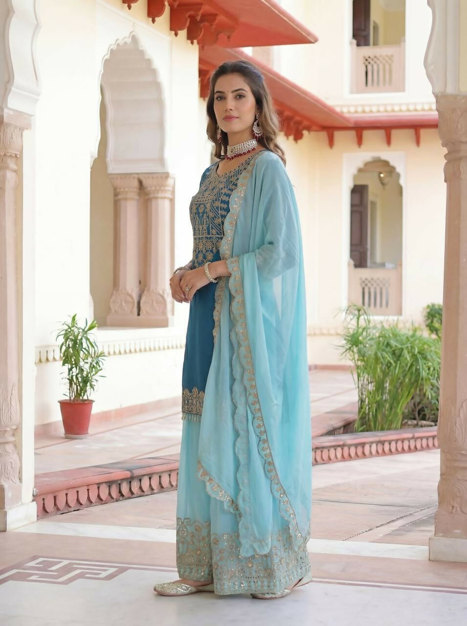 Teeya Creation Sky Chinon Silk Designer Wedding Wear Embroidery Work Palazzo - Distacart