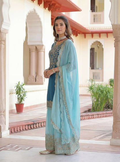 Teeya Creation Sky Chinon Silk Designer Wedding Wear Embroidery Work Palazzo - Distacart