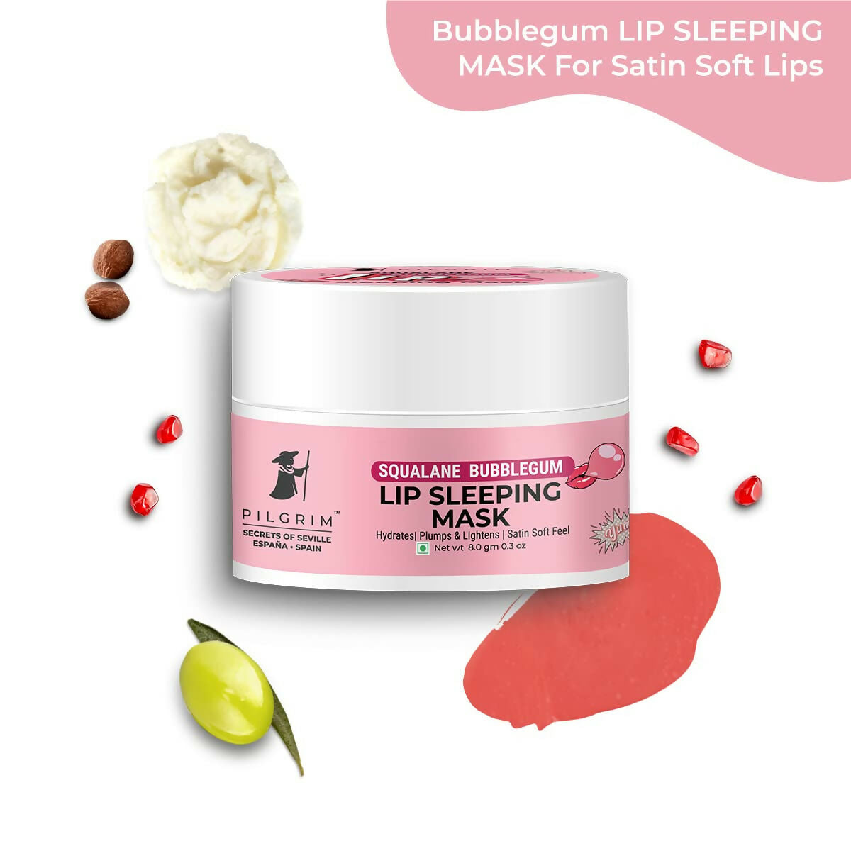 Pilgrim Spanish Lip Sleeping Mask (Bubblegum) with Shea Butter & Pomegranate For Hydrated & Soft Lips - Distacart