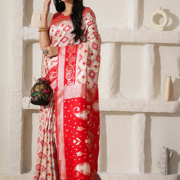 Astita Linen Cotton Red & White Saree
