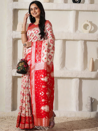 Astita Linen Cotton Red & White Saree