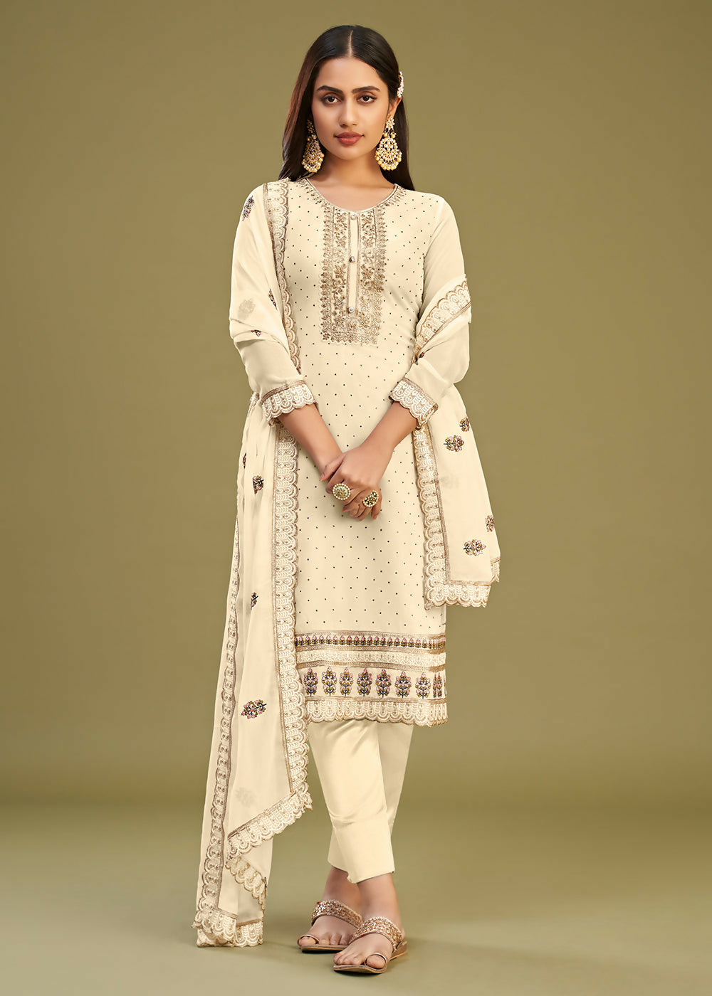 Off White Swarovski Work & Embroidered Eid Wear Salwar Suit - Emponline - Distacart