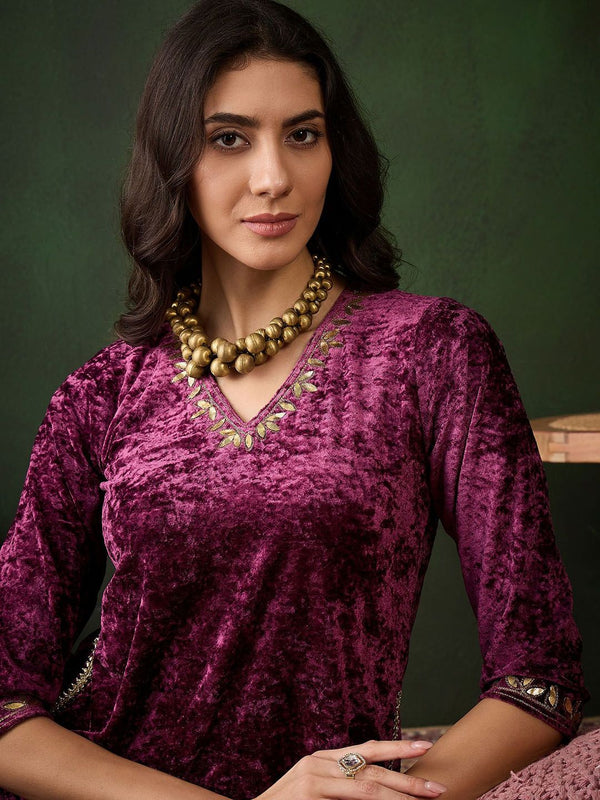 Sangria Embroidered Straight Velvet Kurta