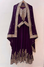 Thumbnail for Teeya Creation Wine Color Faux Georgette Embroidery Work Long Party Wear Gown - Distacart