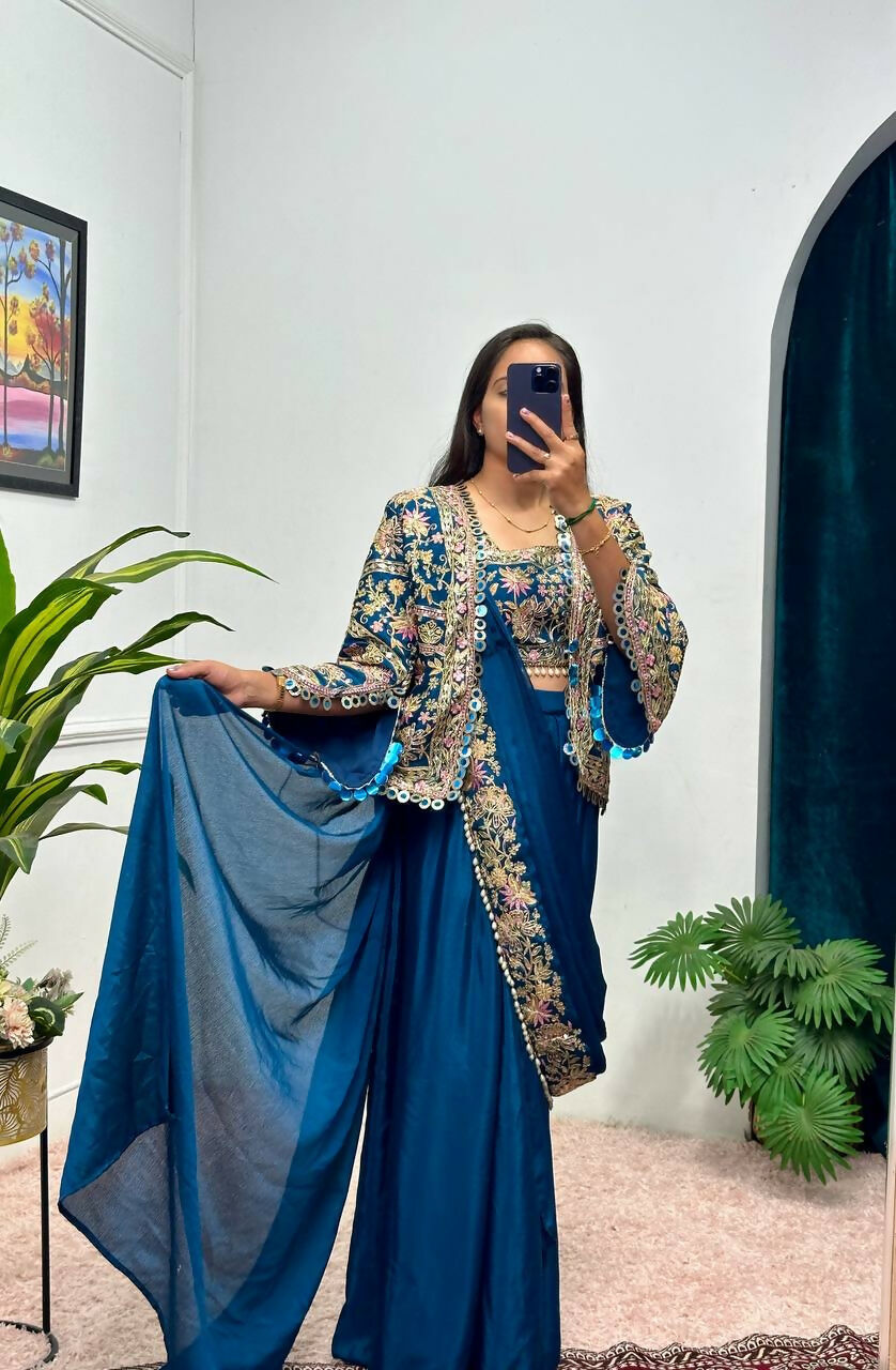 Teeya Creation Teal Color Chinon Silk Embroidery Work Ready To Wear Party Wear Saree With Koti - Distacart