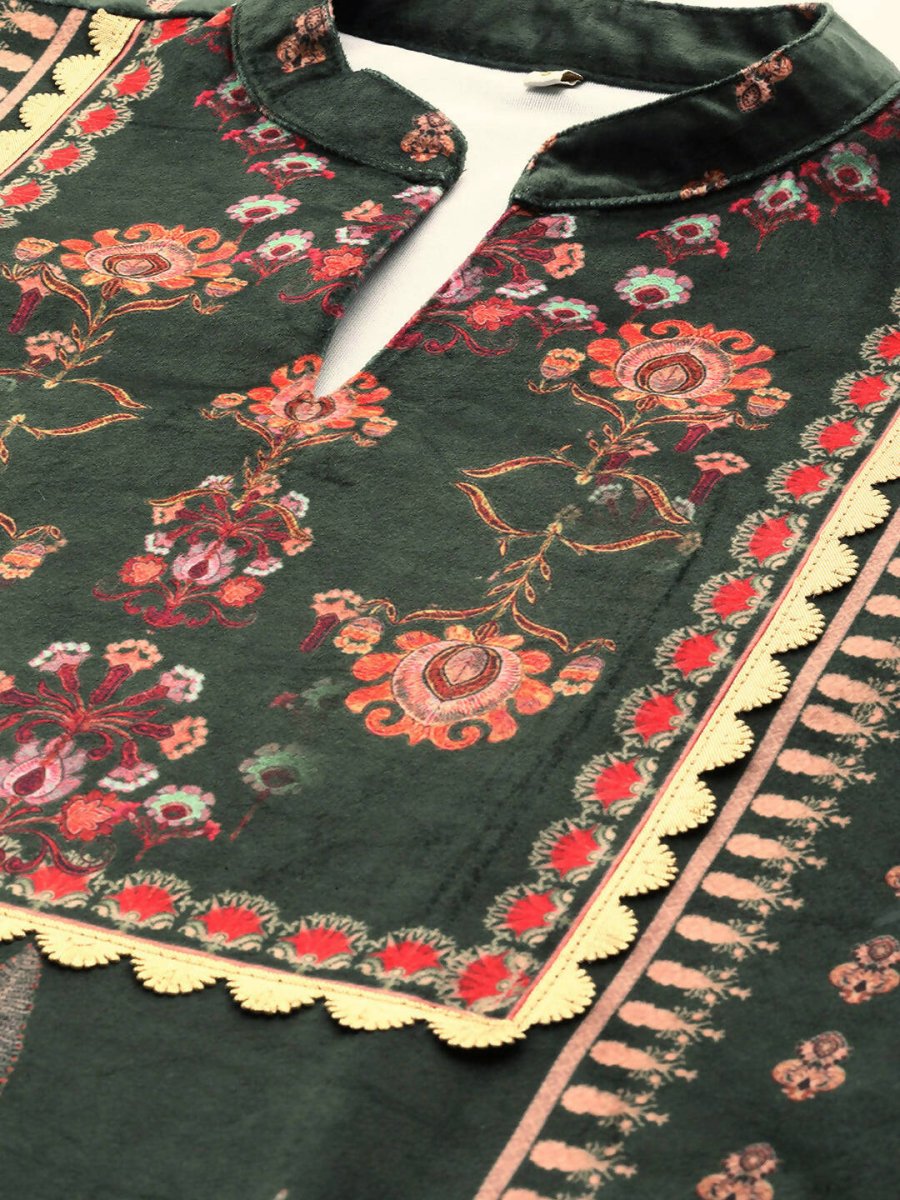 Ahalyaa Women Green & Pink Ethnic Motifs Printed Gotta Patti Velvet Kurta - Distacart