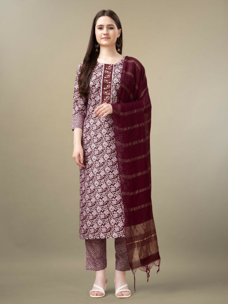 Jyoti Fashion Women's Maroon Rayon Embroidery & Sequence work Kurta with Trouser & Dupatta - Distacart