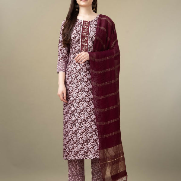 Jyoti Fashion Women's Maroon Rayon Embroidery & Sequence work Kurta with Trouser & Dupatta - Distacart
