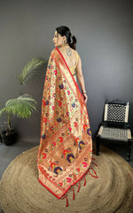 Thumbnail for Joban Fashion Crimson Red Intricate Floral & Leaf Soft Silk Paithani Saree - Distacart