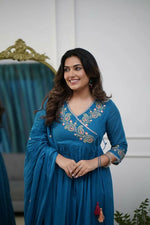 Thumbnail for The52 Petrol Women's Beautiful Parampara Fabric Embroidered Work Flared Kurta Pant and Dupatta Set - Distacart