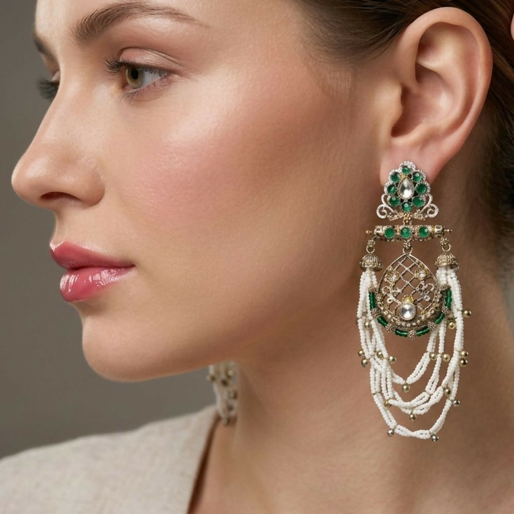 Jewel City Elegant Kundan & Green Emerald Pearl Drop Jhumka Earrings – Traditional Handcrafted Ethnic Jewelry - Distacart