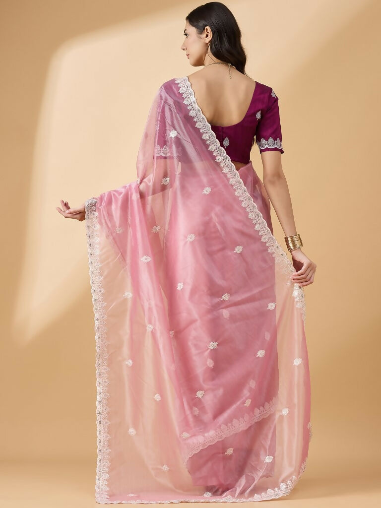 Pink Organza Sequence Embroidered Saree with Unstitched Blouse - Satya - Distacart