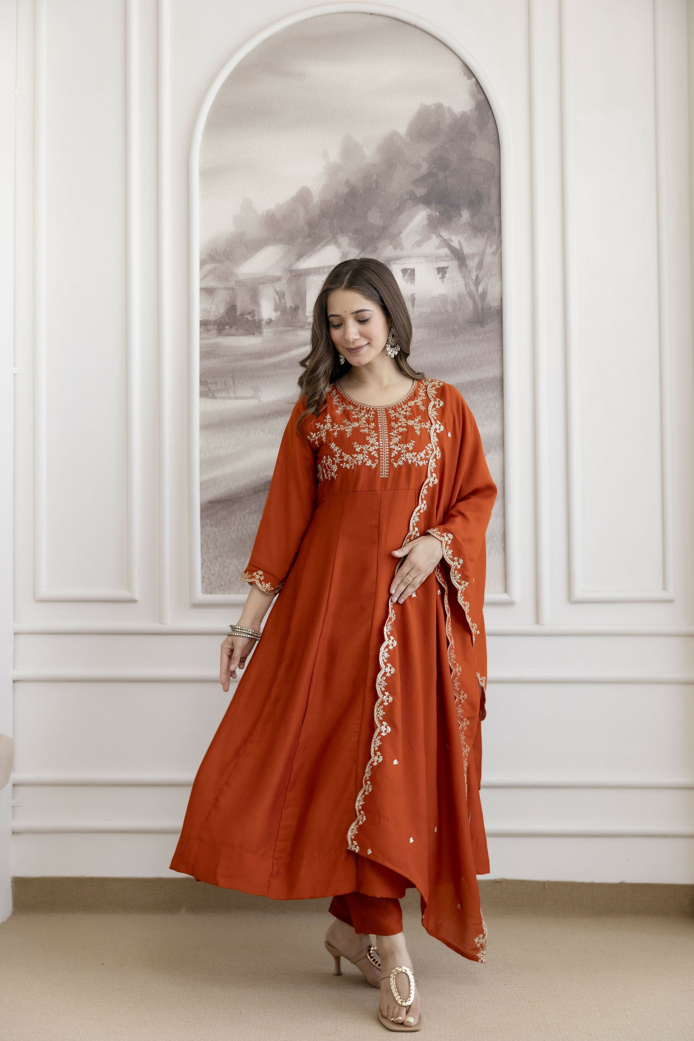 The52 Orange Women's Beautiful Vichitra Silk Fabric Embroidered Work Flared Anarkali Pant and Dupatta Set