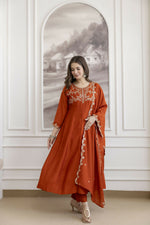Thumbnail for The52 Orange Women's Beautiful Vichitra Silk Fabric Embroidered Work Flared Anarkali Pant and Dupatta Set