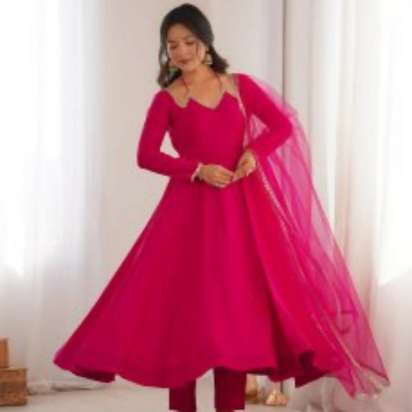Lehenga Mart Designer Anarkali Suit With Kurta, Pant, Dupatta For Women-Dark Pink - Distacart