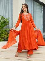 Thumbnail for The52 Orange Women's Gorgeous Embroidered Chinon Fabric Flared Kurta Pant and Dupatta Set - Distacart