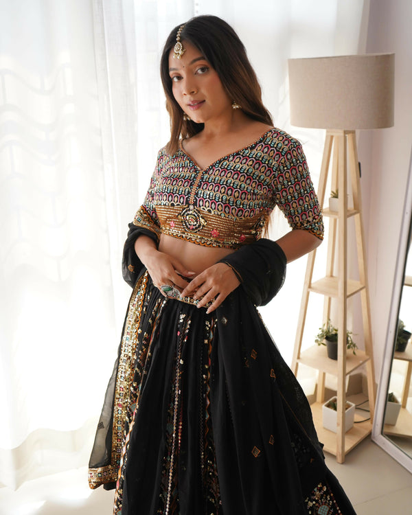 Joban Fashion Black Lehenga Georgette Coding Dori with Sequence with Rivet Moti